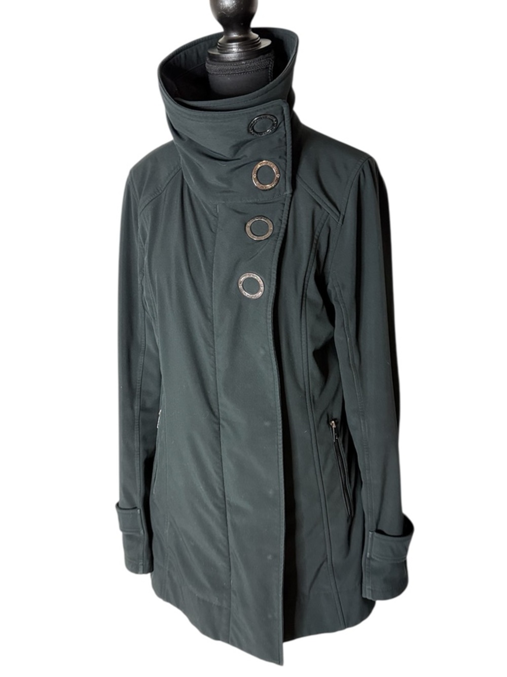 LULULEMON Audrey Soft Shell Long Jacket Black Zipper Snaps Pockets High Neck 8